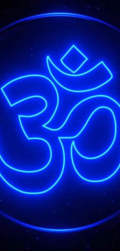 Neon blue Om symbol on a dark background.