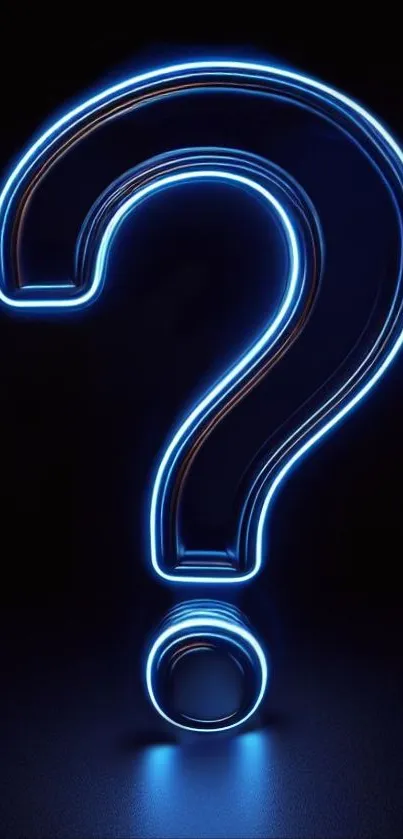 Neon blue question mark on dark background.