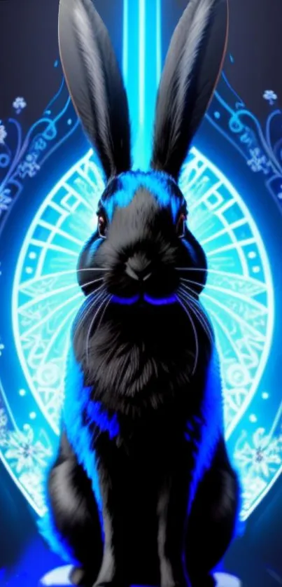 Neon blue rabbit with floral patterns on a dark background.