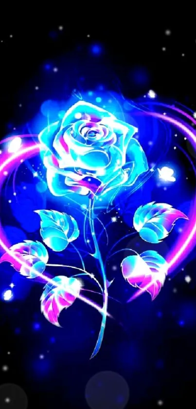 Neon blue rose with glowing leaves and abstract background.