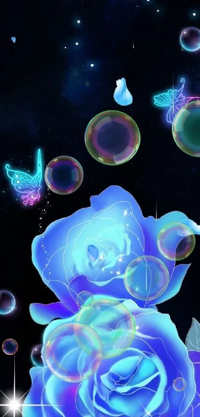 Neon blue roses with butterflies and stars wallpaper.