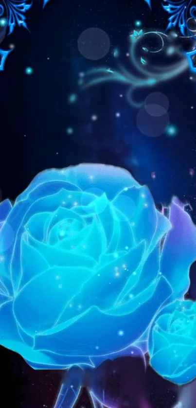 Neon blue rose fantasy art with glowing elements.