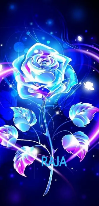 Neon blue rose wallpaper with purple glow, creating a vibrant phone background.