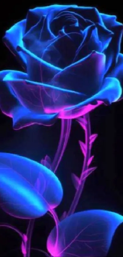 Vibrant neon blue rose with glowing effects on a mobile wallpaper.