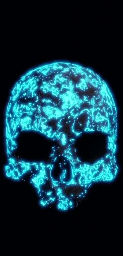 Neon blue skull design on black background wallpaper.