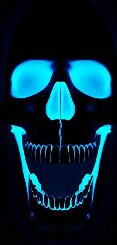 Neon blue skull on dark background mobile wallpaper.