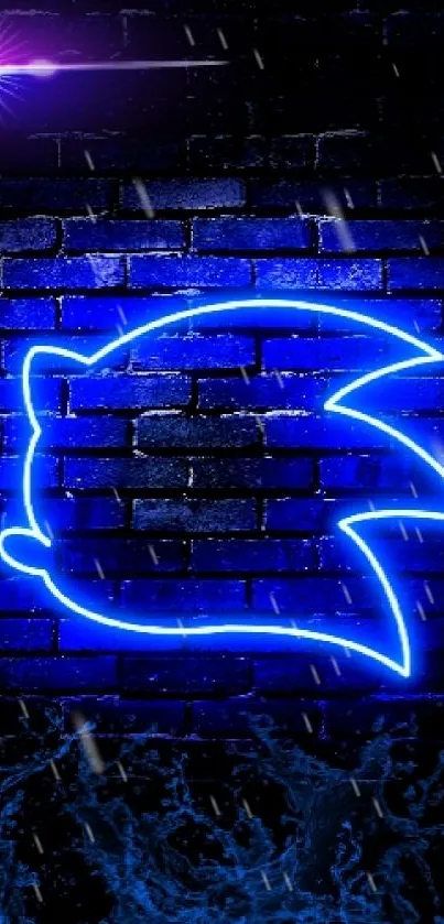 Neon blue Sonic silhouette on dark brick wall.