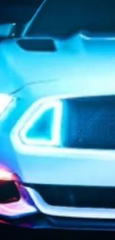 Close-up of neon blue sports car with glowing headlights.