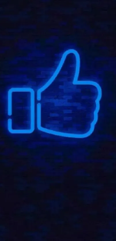 Neon blue thumbs up icon on a dark background.