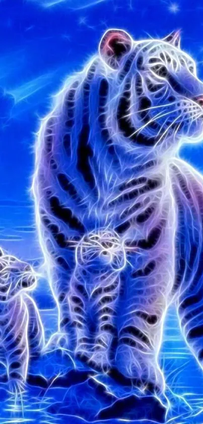 Neon art of a tiger family under a starry night sky.