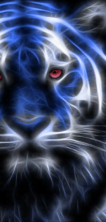 Neon blue tiger glowing on a black background, perfect for mobile wallpaper.