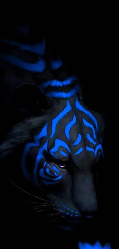 Neon blue tiger on dark mobile wallpaper with striking lighting effects.