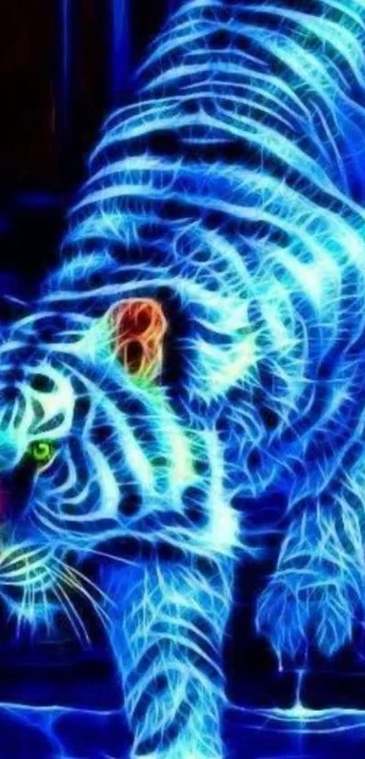 Neon blue tiger with glowing stripes on a dynamic background.