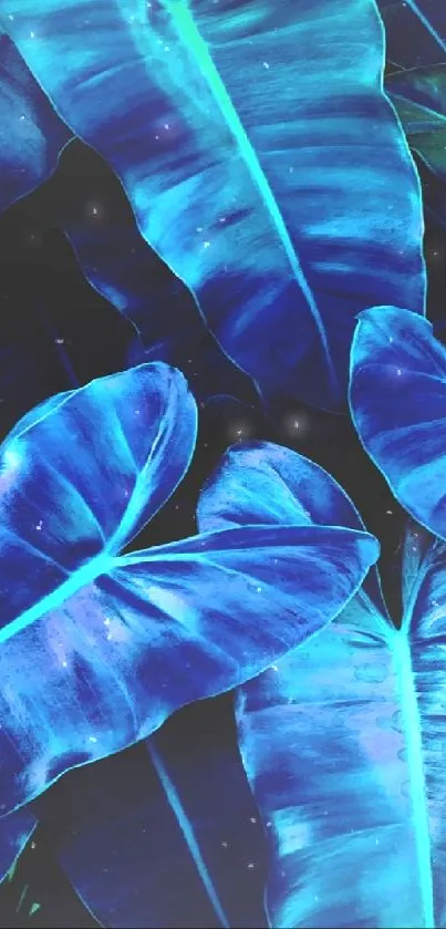 Vibrant neon blue tropical leaves creating a modern aesthetic wallpaper.