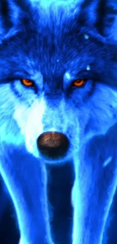 Neon blue glowing wolf with piercing eyes on mobile wallpaper.