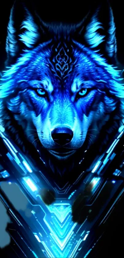 Futuristic neon blue wolf artwork wallpaper.