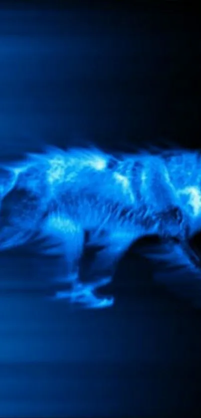 Electric neon blue wolf charging forward on dark background.