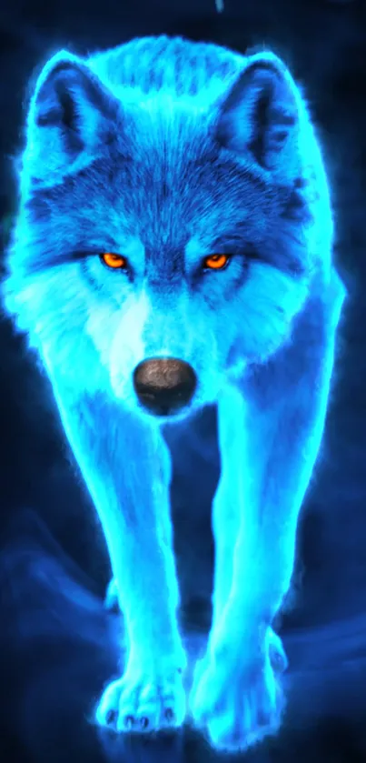 Neon blue wolf with glowing eyes on a dark background.