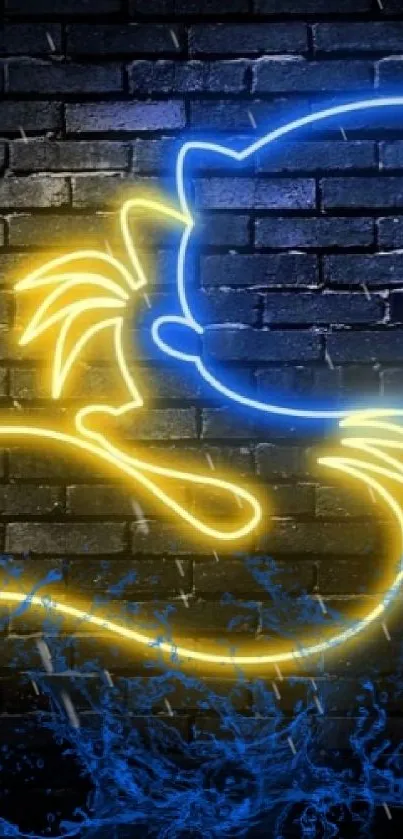 Neon dragon art on a dark brick wall in blue and yellow light.