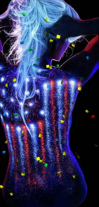 Neon body art with colorful confetti background