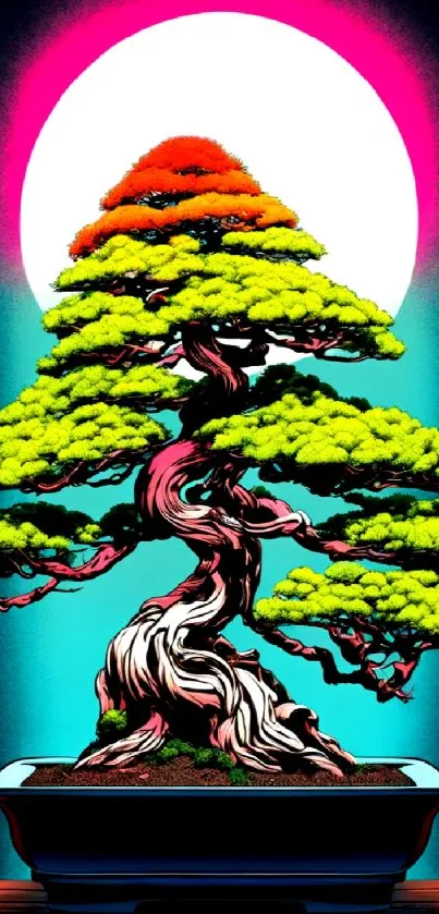 Vibrant neon bonsai art with colorful tree against a bright background.