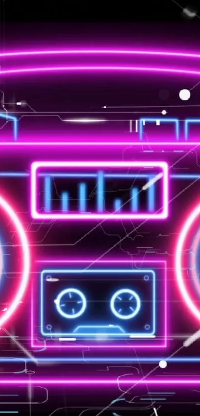 Neon boombox digital wallpaper with vibrant pink and blue colors.