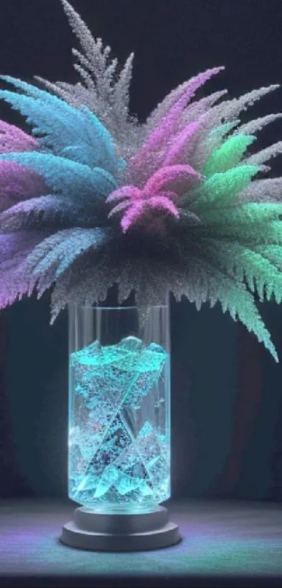 Neon botanical wallpaper with glowing foliage and illuminated vase.