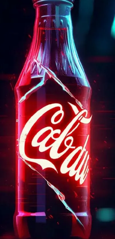 Neon bottle wallpaper with vivid red glow and blue accents in a dark setting.