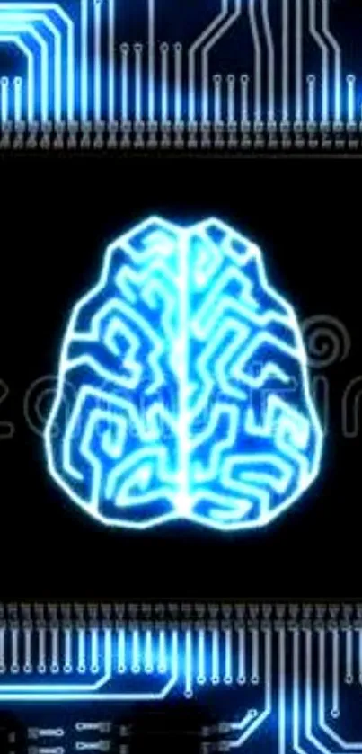 Neon blue brain on a circuit board wallpaper.