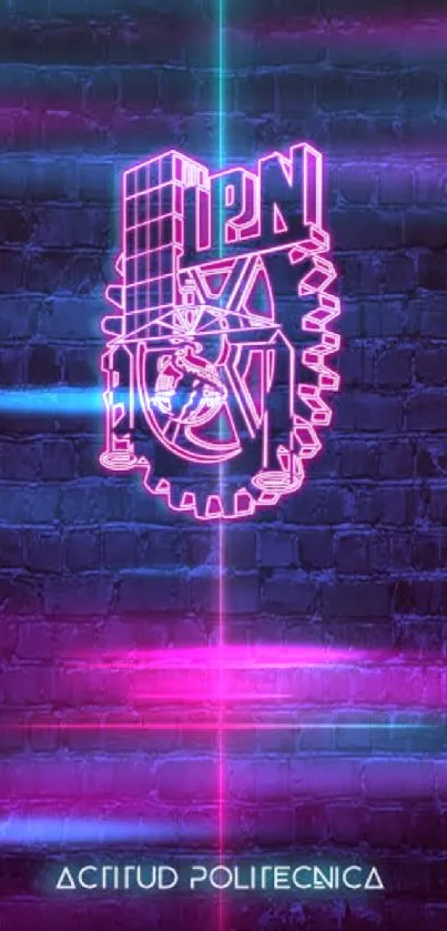 Neon pink IPN emblem on dark brick background.