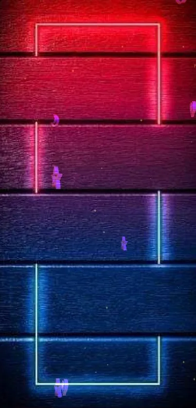 Neon rectangles on a dark brick wall background.