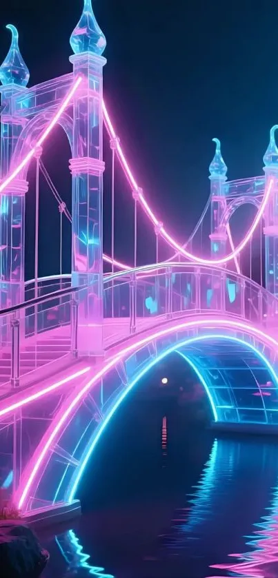 Neon fantasy bridge with glowing pink lights over water.