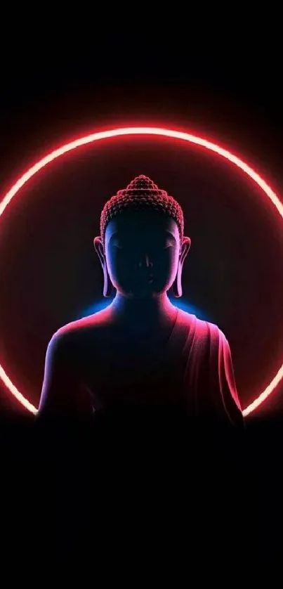 Neon Buddha silhouette against dark backdrop.