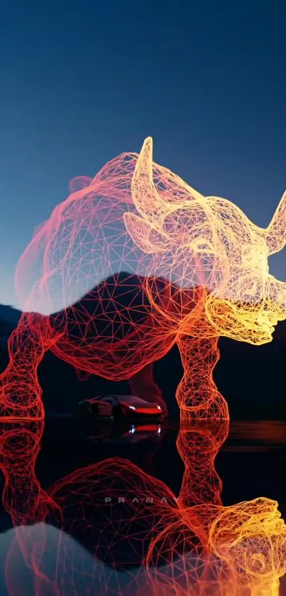 Neon bull light art against a dark sky.