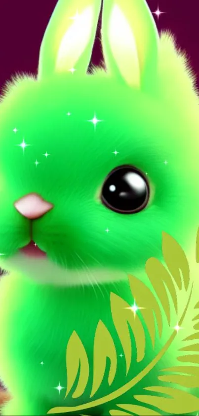 Vibrant neon green bunny with sparkles on a digital wallpaper.