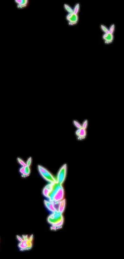 Neon glow bunny pattern on a black background wallpaper.