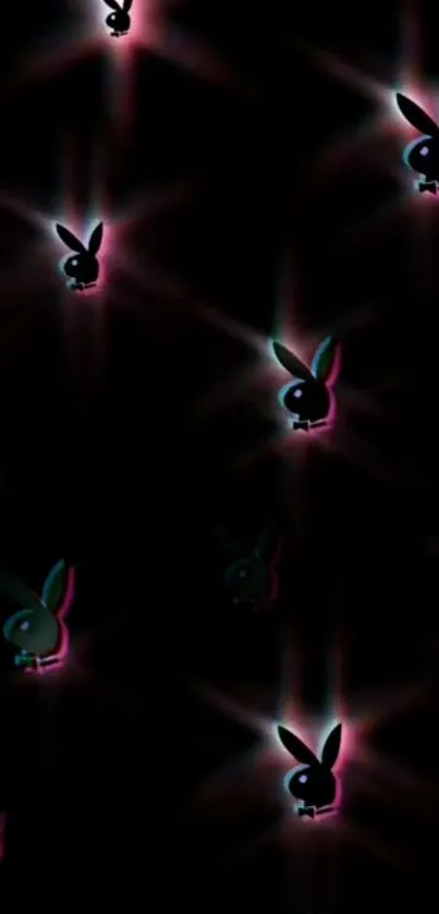 Neon bunny pattern wallpaper with glowing effects on a black background.