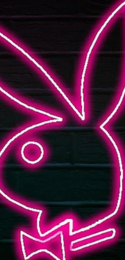 Vibrant neon pink bunny silhouette on dark brick wallpaper.