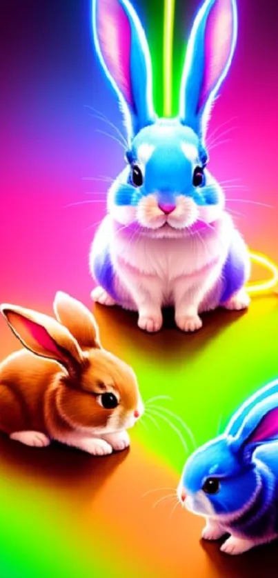 Vibrant neon bunnies on colorful background.