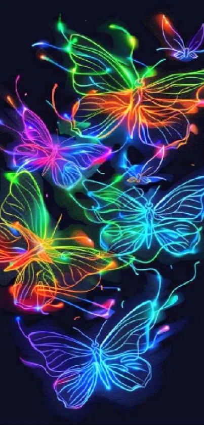 Vibrant neon butterflies on a dark wallpaper.