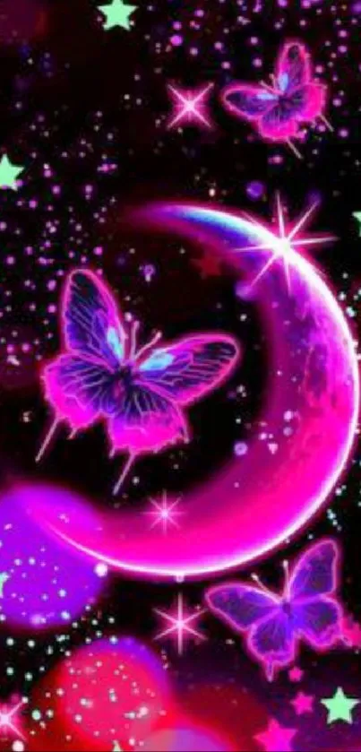 Neon pink butterflies and crescent moon wallpaper with stars and glowing effects.