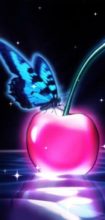 Neon butterfly perched on a glowing cherry with black background.