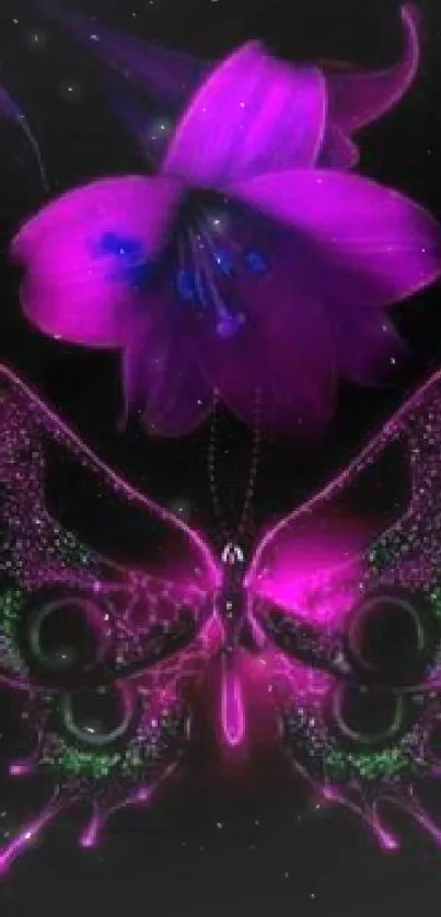 Neon purple butterfly and flower wallpaper with a glowing effect.