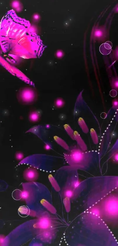 Neon butterfly and glowing flower wallpaper with vibrant pink lights.