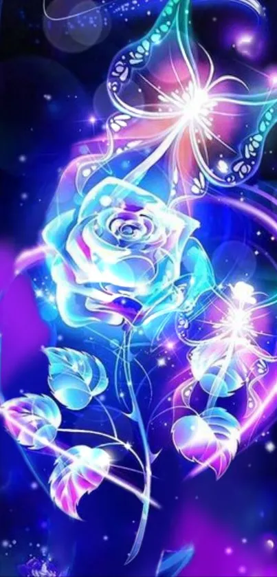 Neon blue rose and butterflies glow in digital art wallpaper.