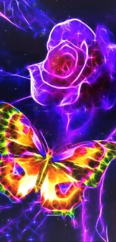 Bright neon butterfly and rose in vibrant colors create a captivating wallpaper.