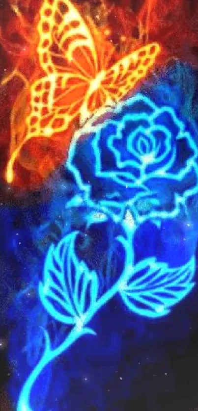 Neon butterfly and rose with vibrant blue and orange colors on a mobile wallpaper.