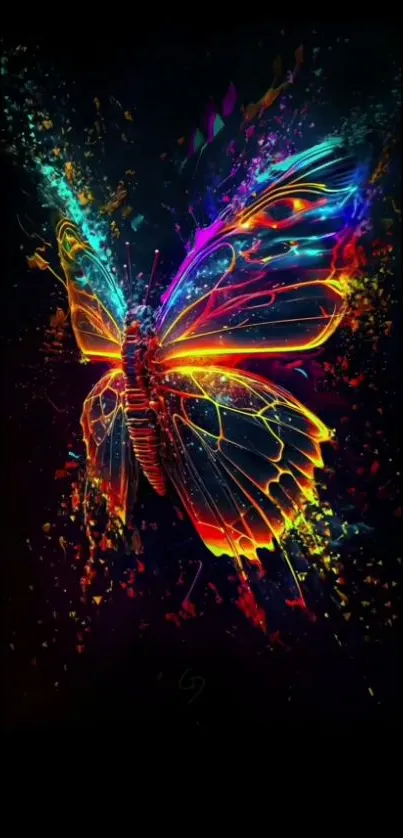 Vibrant neon butterfly digital art on black background.