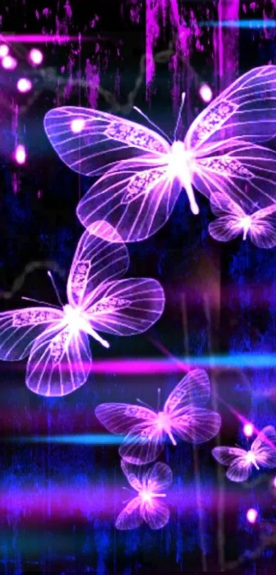 Neon butterflies glow against a dark, vibrant background.