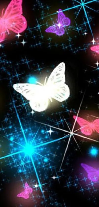 Neon butterflies with starry night background creating a dreamscape.